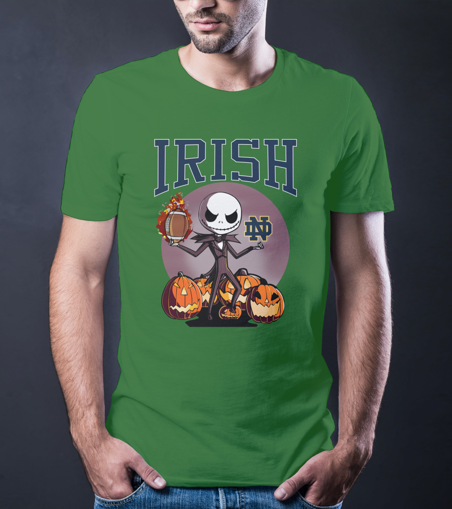 Irish Notre Dame Jack Skellington Halloween Football Pumpkins T-Shirt