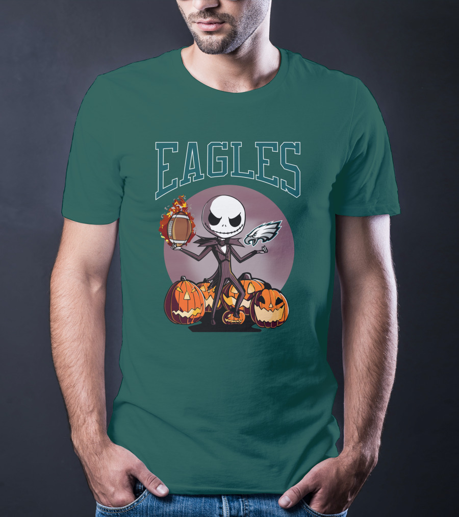 Philadelphia Eagles Jack Skellington Halloween Football Pumpkins T-Shirt