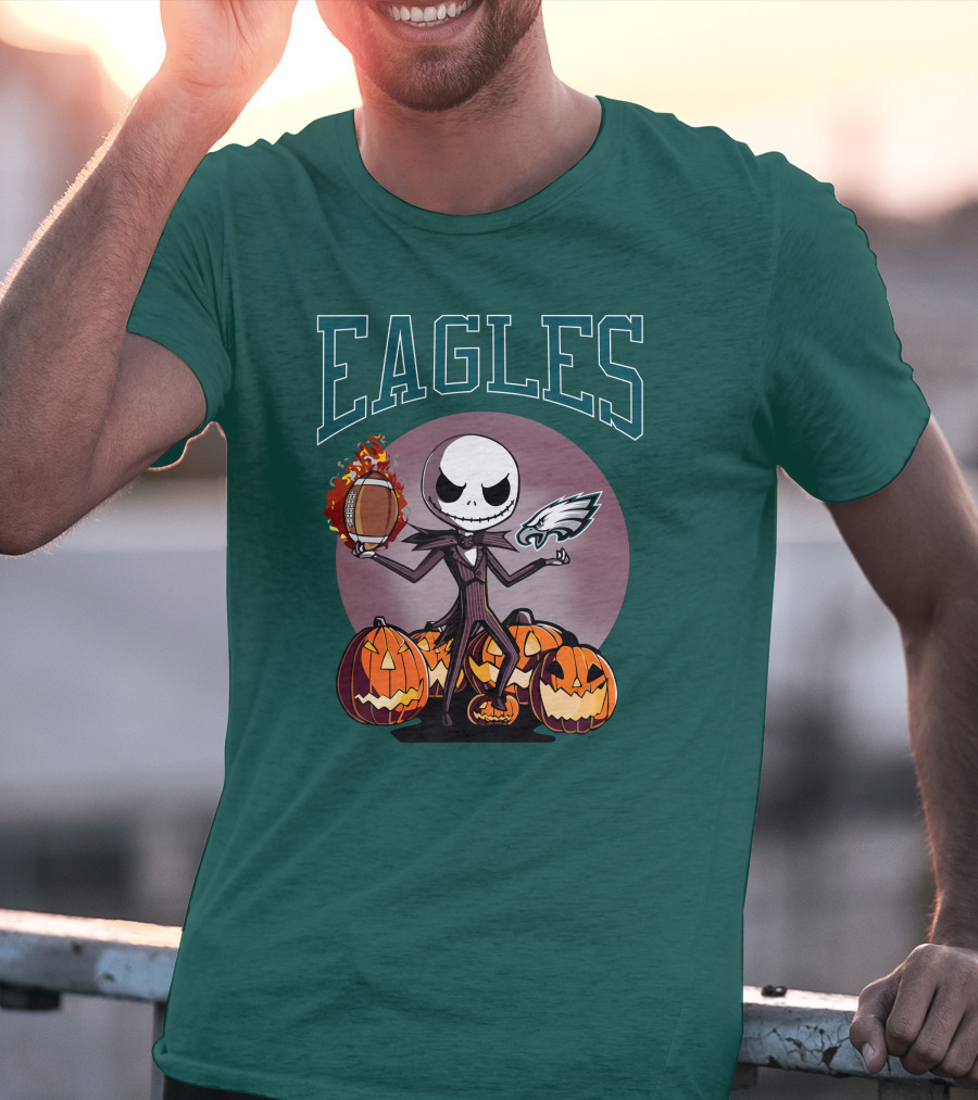 Philadelphia Eagles Jack Skellington Halloween Football Pumpkins T-Shirt