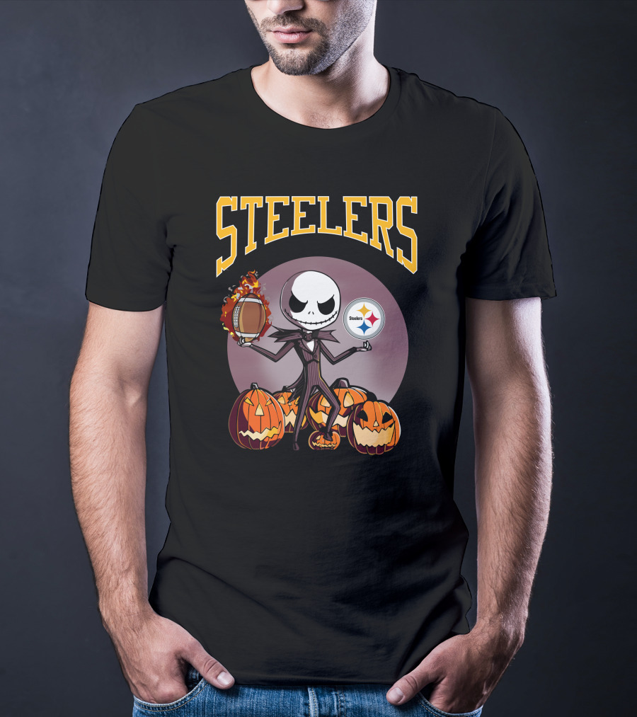 Steelers Jack Skellington Holding Football With Pumpkins And Pittsburgh Steelers T-Shirt