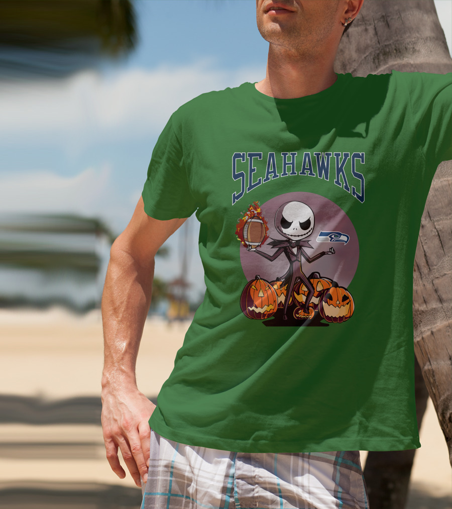 Seattle Seahawks Jack Skellington Halloween NFL Football Pumpkins T-Shirt