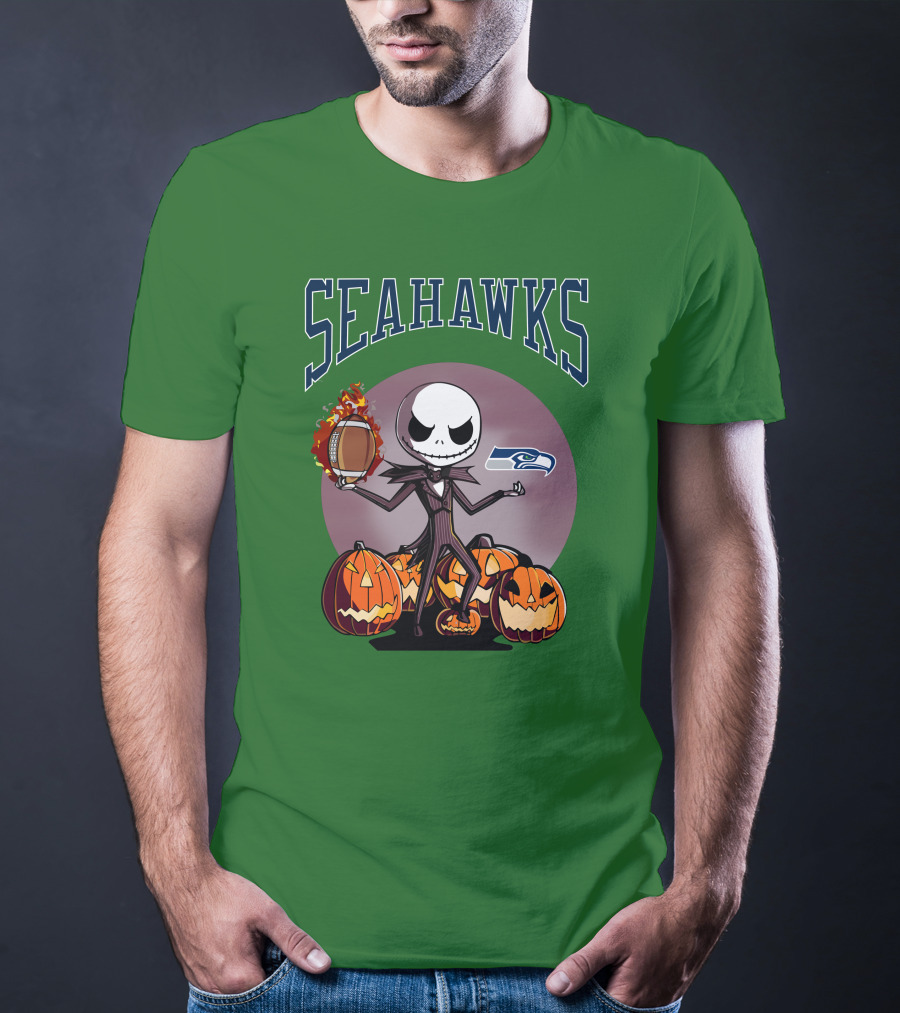 Seattle Seahawks Jack Skellington Halloween NFL Football Pumpkins T-Shirt