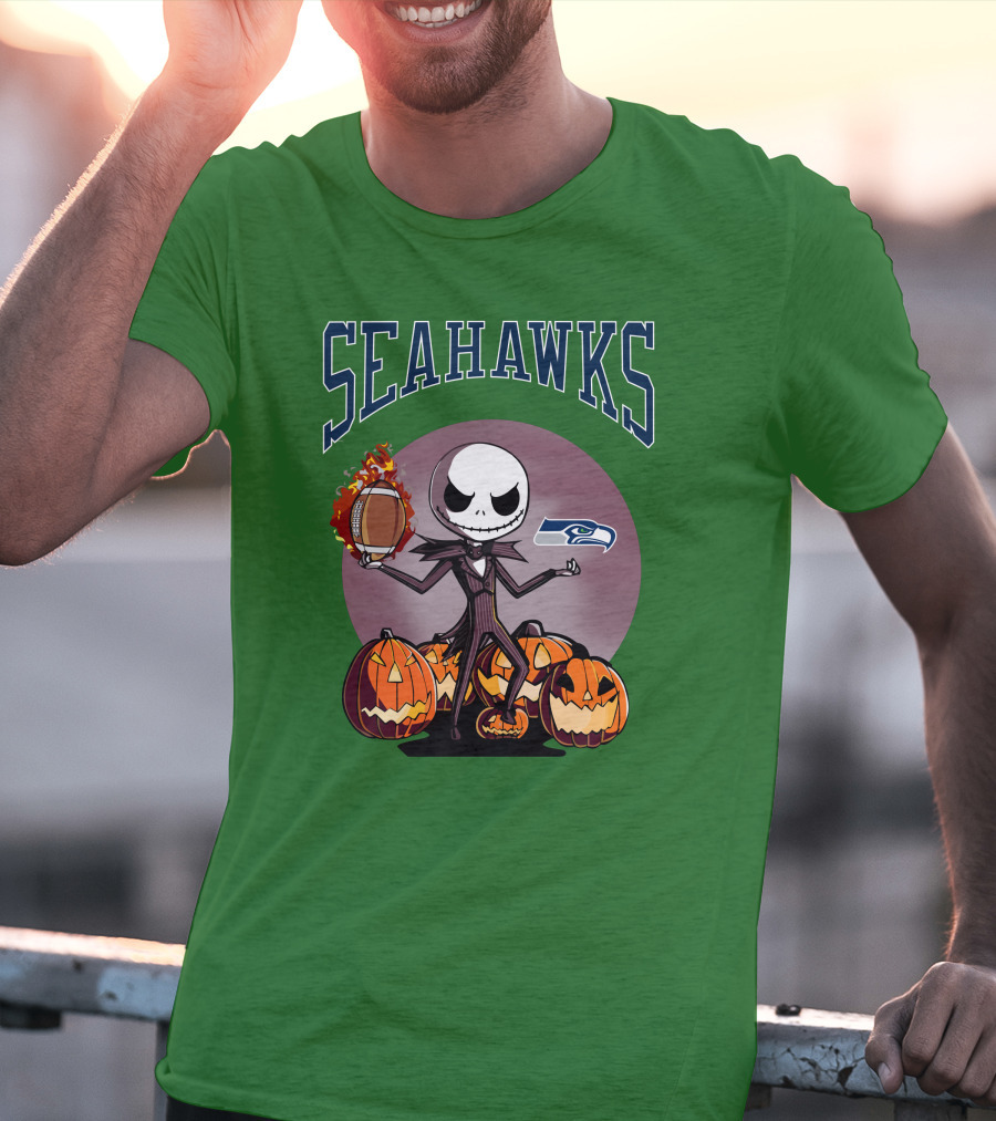 Seattle Seahawks Jack Skellington Halloween NFL Football Pumpkins T-Shirt