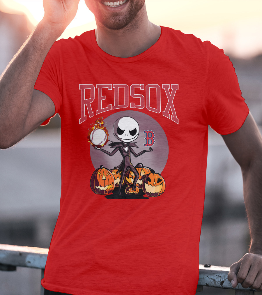 Red Sox Jack Skellington Halloween Pumpkins Baseball T-Shirt