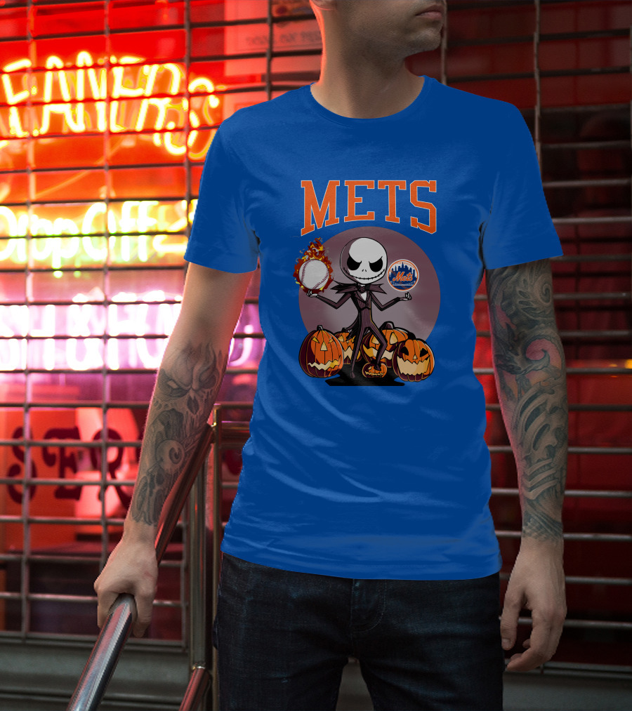 Mets Halloween With Jack Skellington And Pumpkins T-Shirt