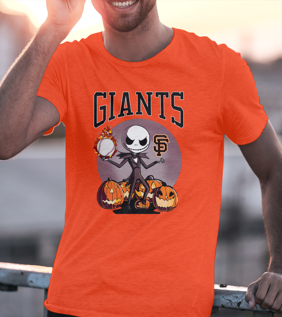 Giants Jack Skellington SF Logo Halloween Pumpkins Baseball T-Shirt