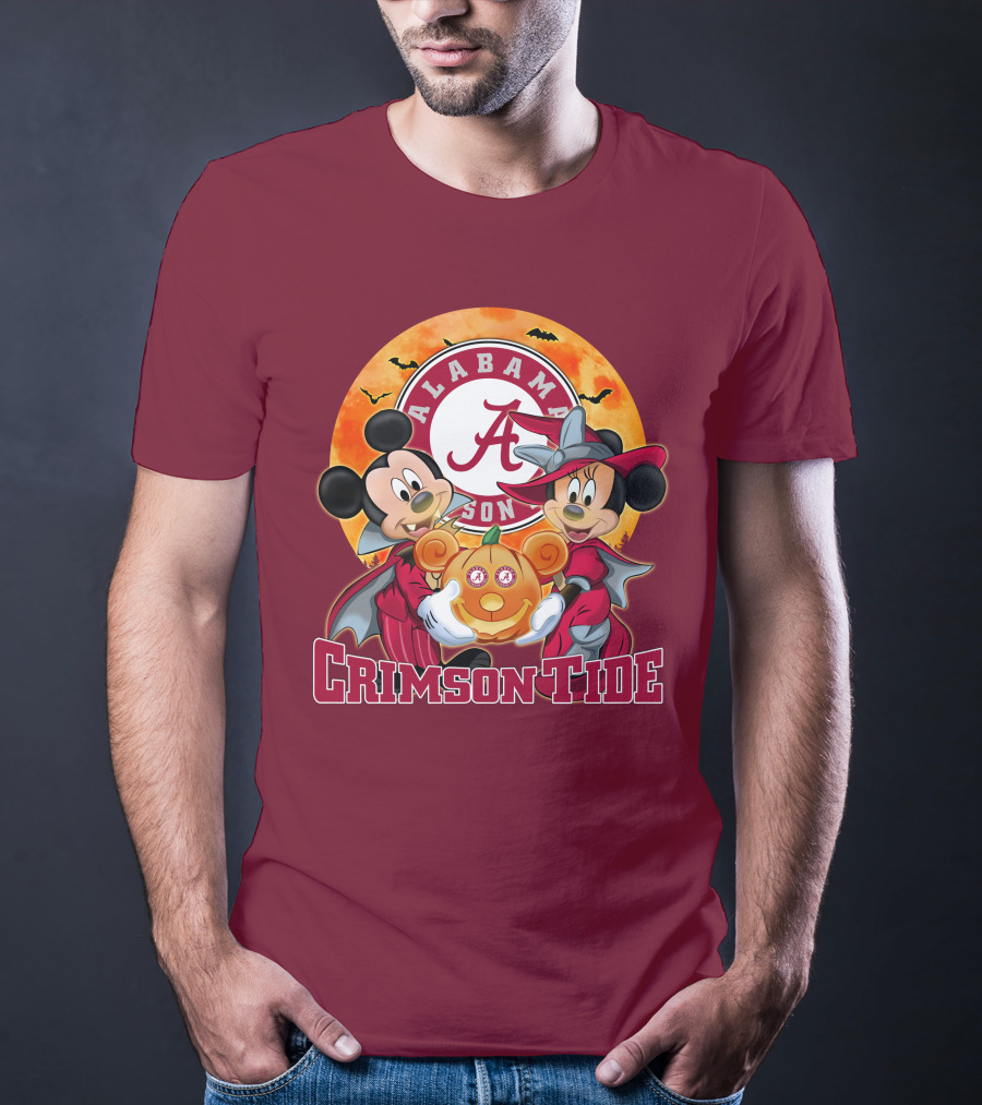 Alabama Crimson Tide Mickey Mouse Minnie Mouse Halloween Pumpkin Circle T-Shirt