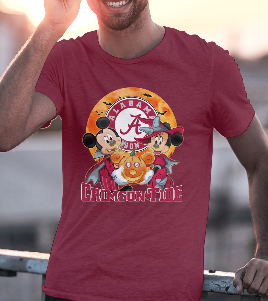 Alabama Crimson Tide Mickey Mouse Minnie Mouse Halloween Pumpkin Circle T-Shirt