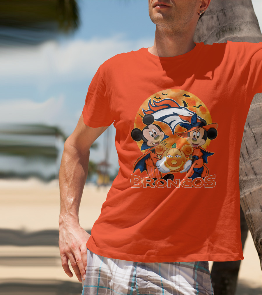 Denver Broncos Mickey Mouse And Minnie Mouse Halloween Broncos T-Shirt