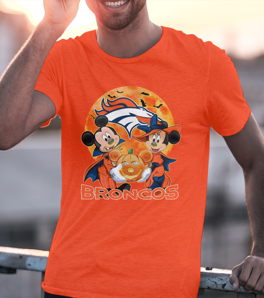 Denver Broncos Mickey Mouse And Minnie Mouse Halloween Broncos T-Shirt