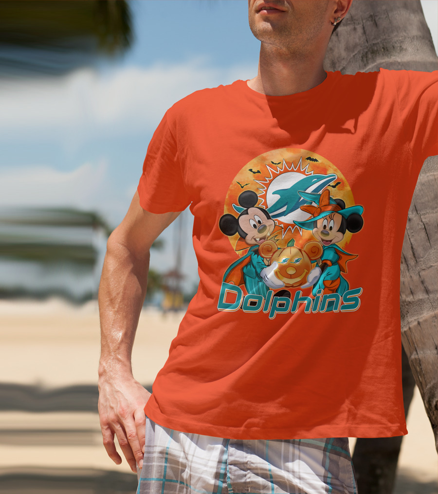 Miami Dolphins Mickey Minnie Halloween Pumpkin Bats T-Shirt