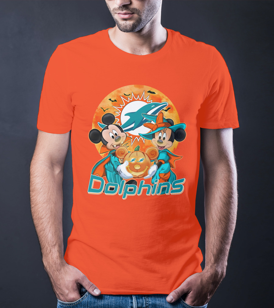Miami Dolphins Mickey Minnie Halloween Pumpkin Bats T-Shirt