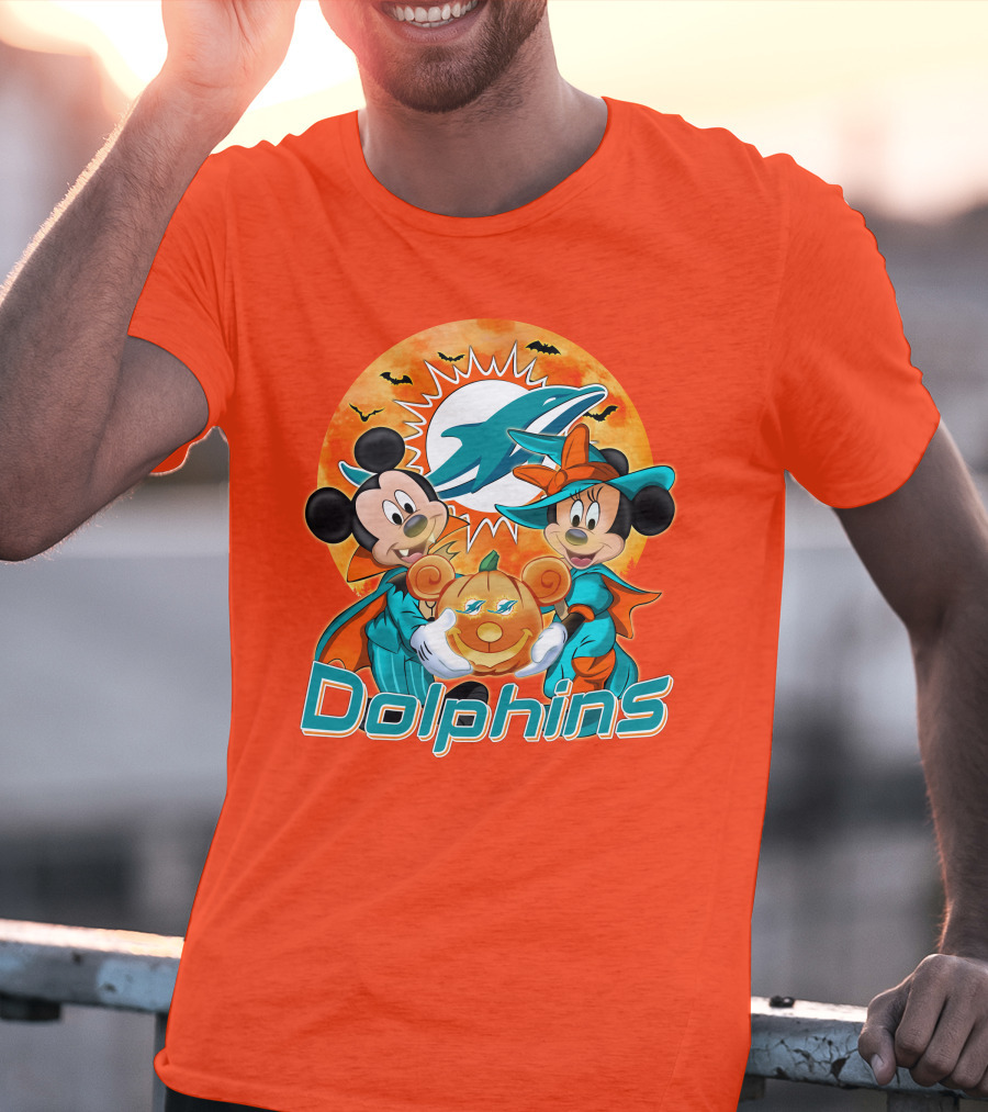 Miami Dolphins Mickey Minnie Halloween Pumpkin Bats T-Shirt