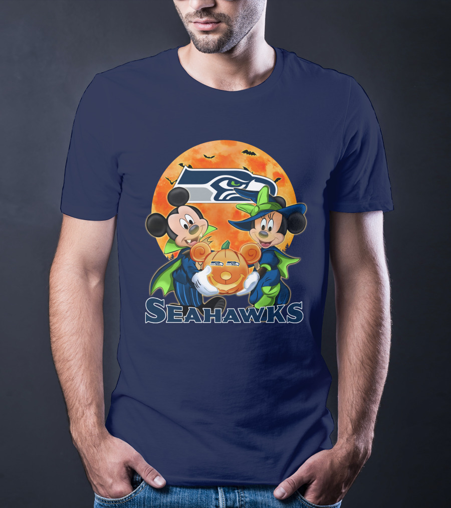 Seattle Seahawks Mickey Mouse And Minnie Mouse Halloween Pumpkin T-Shirt