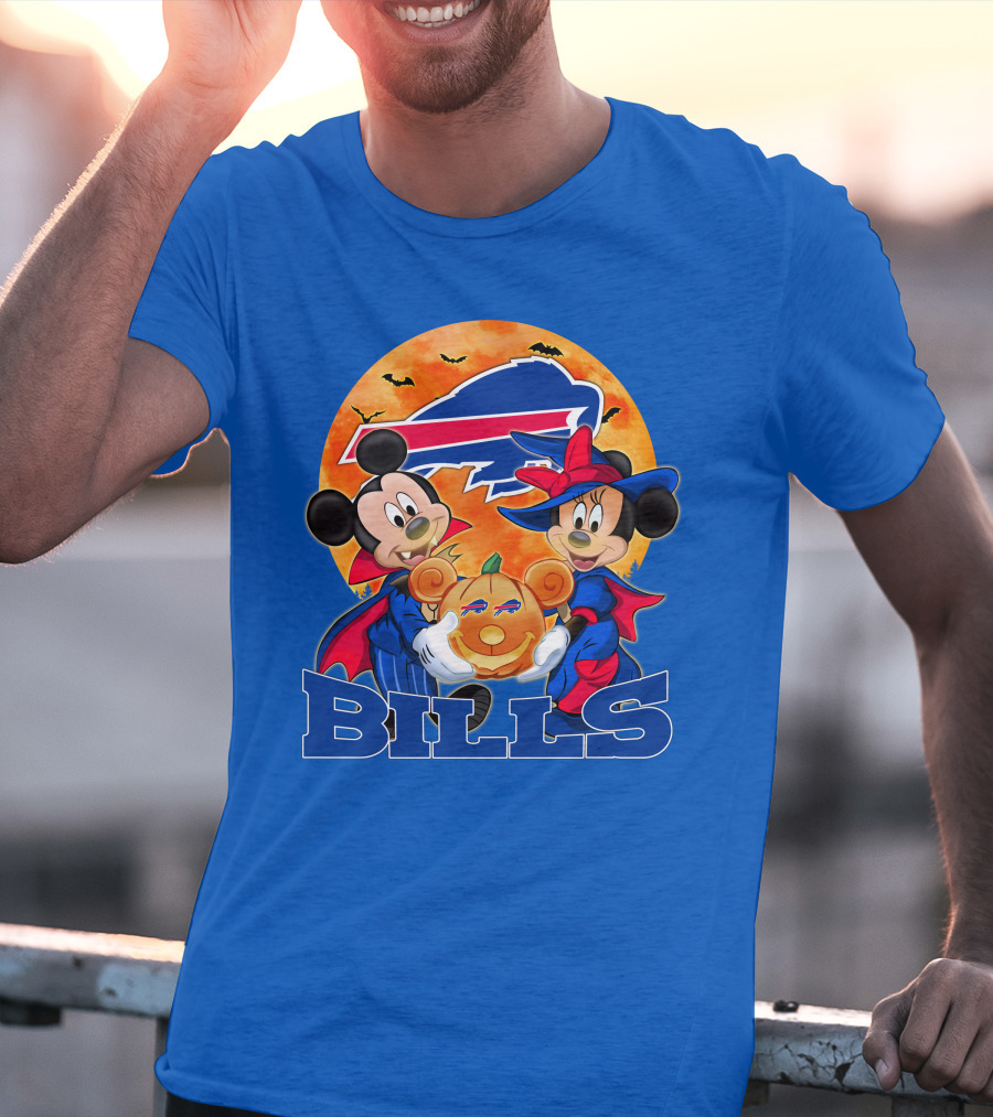 Buffalo Bills Halloween Mickey Mouse And Minnie Mouse Pumpkin T-Shirt