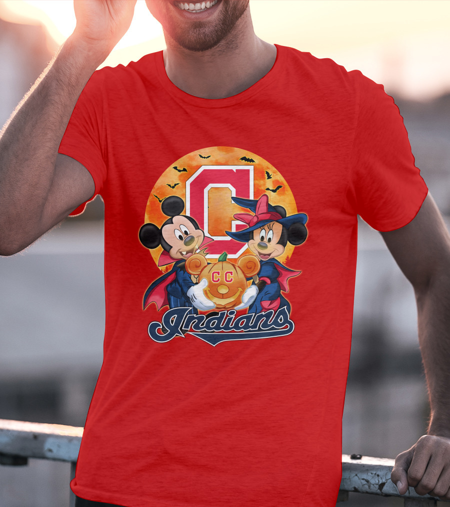 Cleveland Indians Mickey Mouse Minnie Mouse Halloween C Logo Pumpkin T-Shirt
