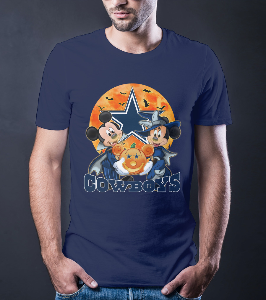 Cowboys Halloween Mickey Mouse And Minnie Mouse With Pumpkin Dallas T-Shirt