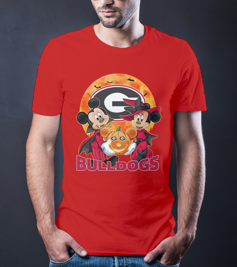 Georgia Bulldogs Mickey And Minnie Mouse Halloween Pumpkin T-Shirt