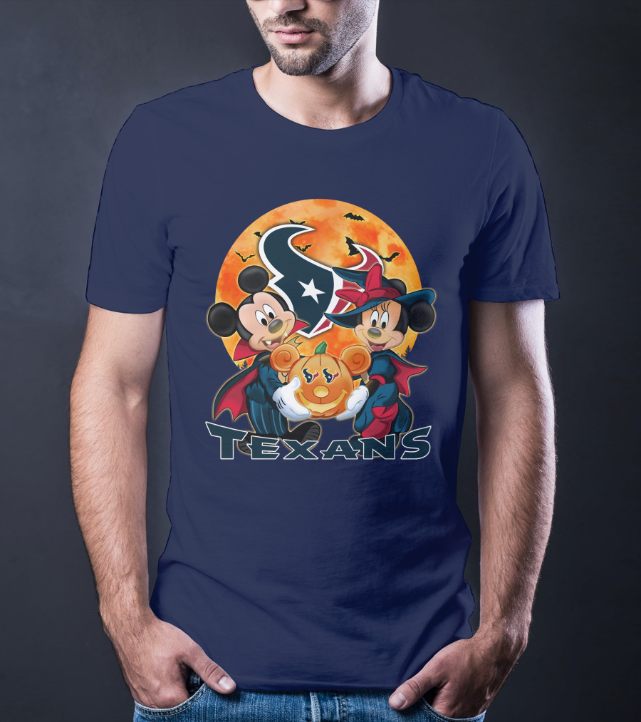 Houston Texans Mickey Mouse And Minnie Mouse Halloween Pumpkin Moon Bats T-Shirt