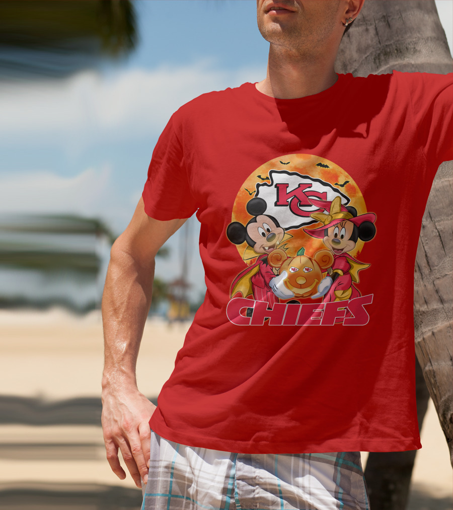 Kansas City Chiefs Mickey Mouse Minnie Mouse Halloween Chiefs Logo Pumpkin T-Shirt