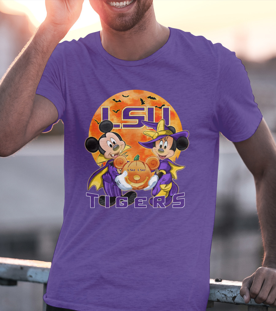 LSU Tigers Mickey Mouse And Minnie Mouse Halloween Pumpkin T-Shirt