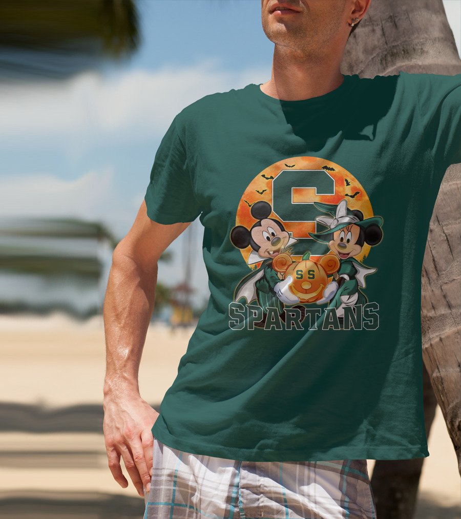 Michigan State Spartans Mickey Mouse Minnie Mouse Halloween Pumpkin Moon Bats T-Shirt