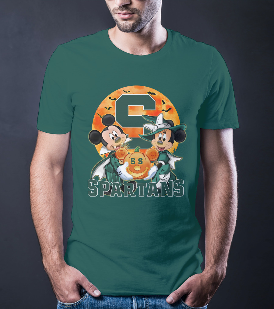 Michigan State Spartans Mickey Mouse Minnie Mouse Halloween Pumpkin Moon Bats T-Shirt