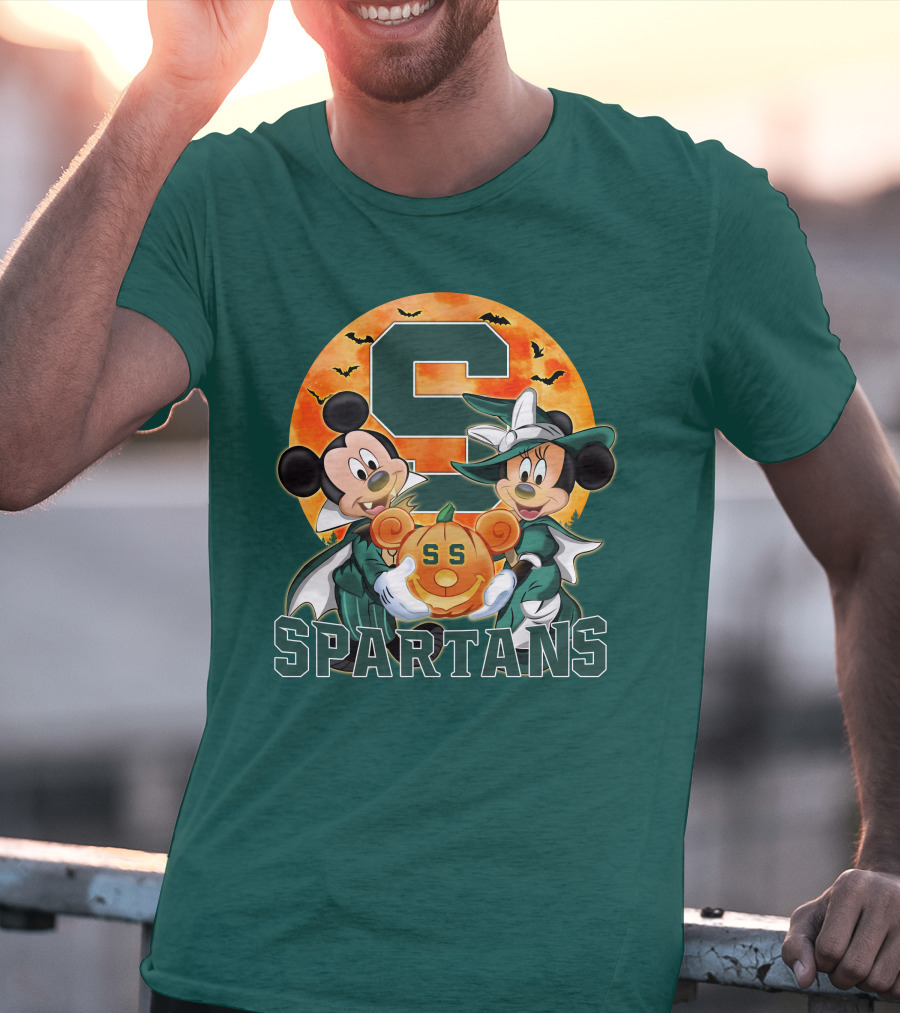 Michigan State Spartans Mickey Mouse Minnie Mouse Halloween Pumpkin Moon Bats T-Shirt