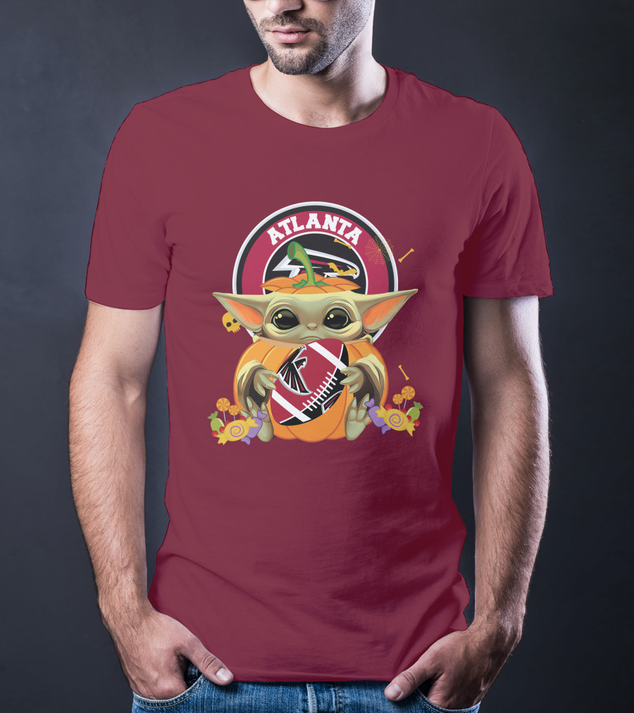 Halloween Pumpkin Baby Yoda Hug Atlanta Falcons Football T-Shirt