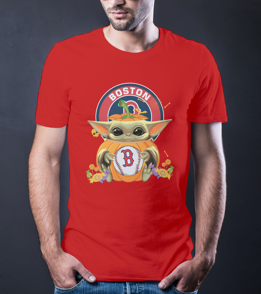 Boston Red Sox Halloween Baby Yoda Pumpkin Hug T-Shirt