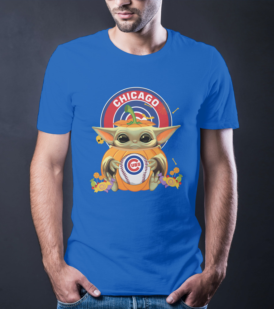 Halloween Pumpkin Baby Yoda Chicago Cubs Baseball Theme T-Shirt