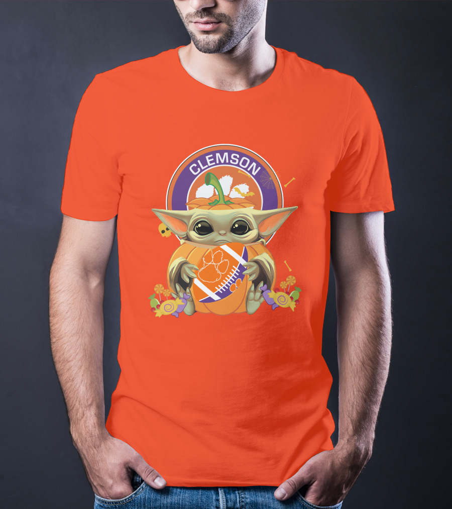 Halloween Pumpkin Baby Yoda Clemson Tigers Football T-Shirt