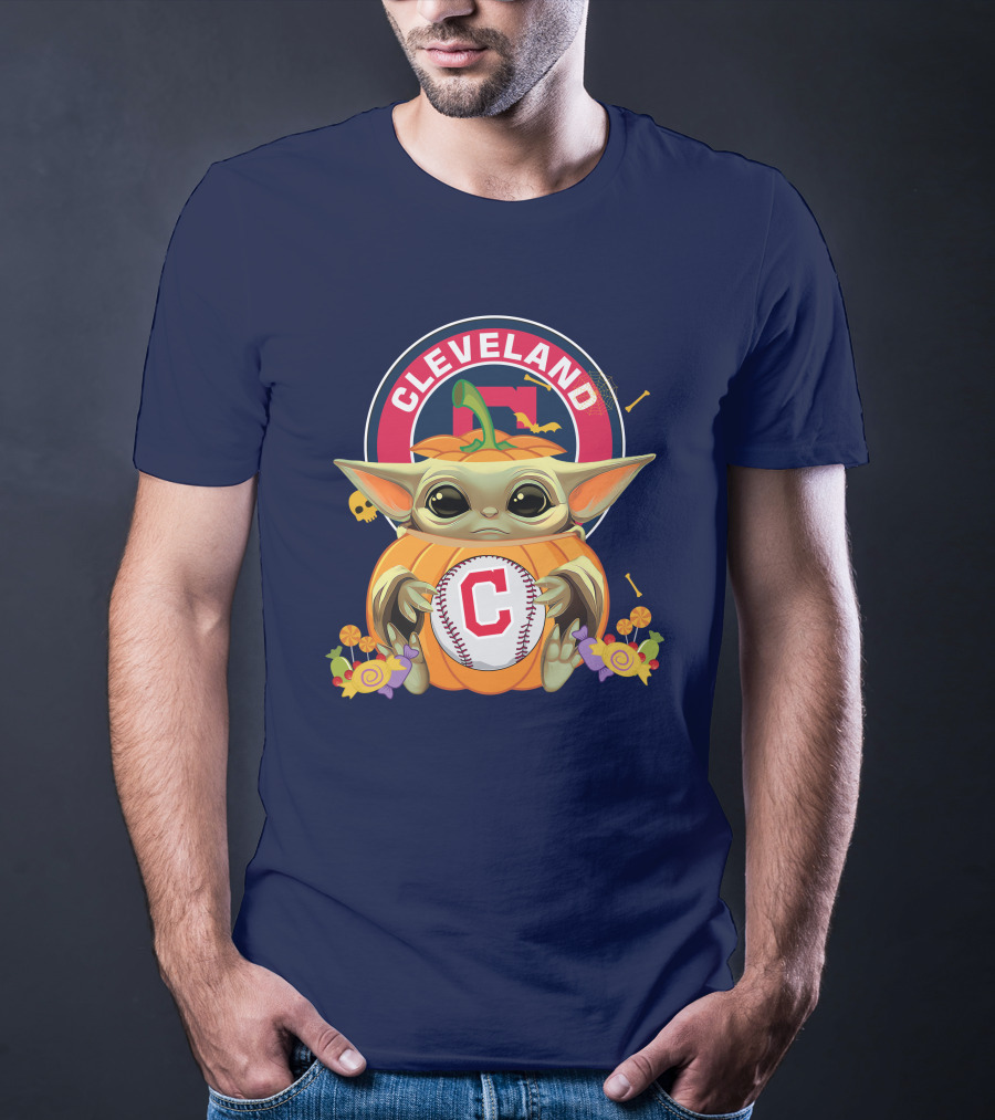 Halloween Pumpkin Baby Yoda Hug Cleveland Baseball Team T-Shirt