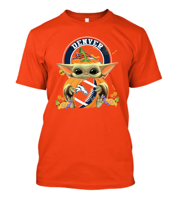 Halloween Pumpkin Baby Yoda Holding Denver Broncos Football Logo With Candy And Skulls T-Shirt