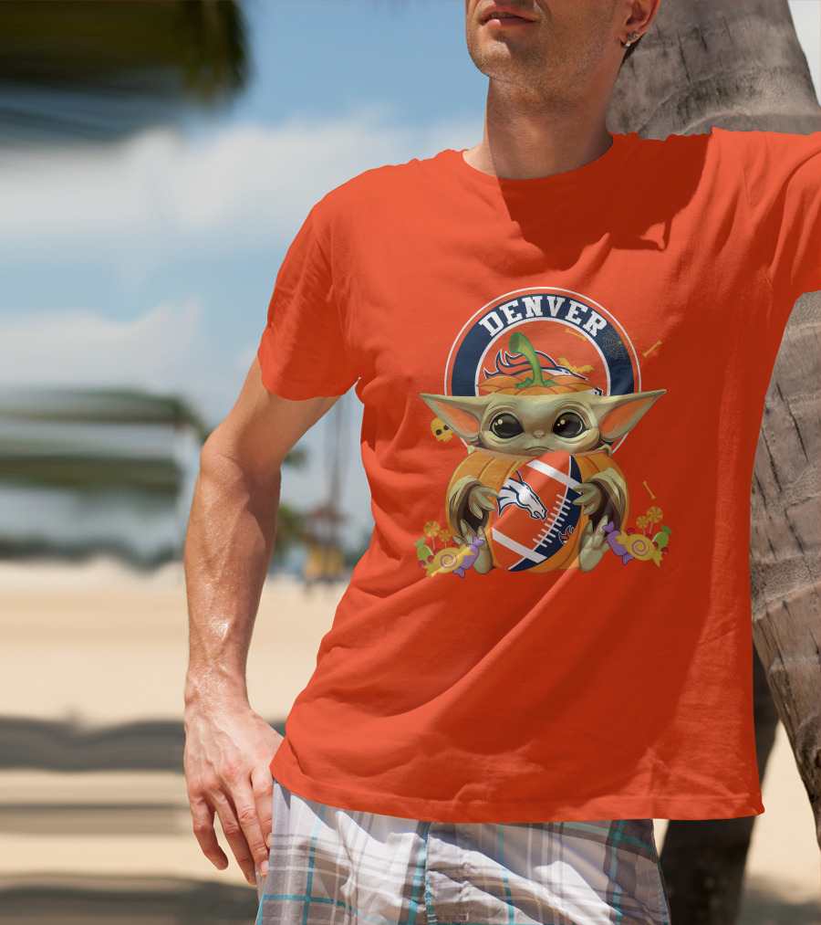 Halloween Pumpkin Baby Yoda Holding Denver Broncos Football Logo With Candy And Skulls T-Shirt