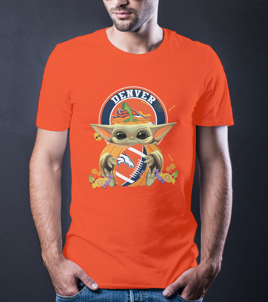 Halloween Pumpkin Baby Yoda Holding Denver Broncos Football Logo With Candy And Skulls T-Shirt