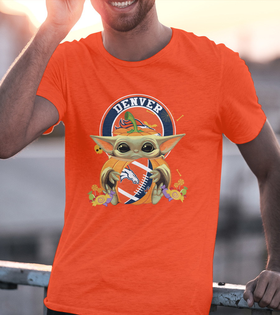 Halloween Pumpkin Baby Yoda Holding Denver Broncos Football Logo With Candy And Skulls T-Shirt