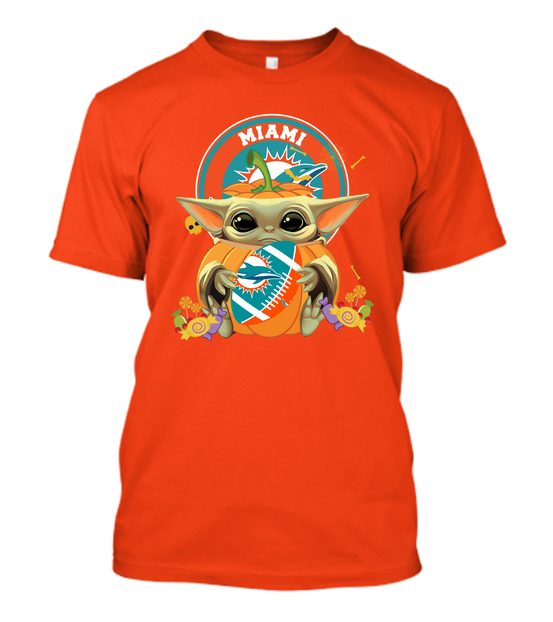 Halloween Pumpkin Baby Yoda Miami Dolphins Hug Football Candy Skulls T-Shirt
