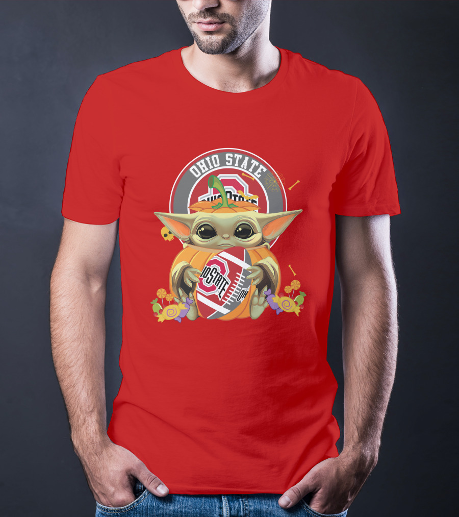 Halloween Pumpkin Ohio State Buckeyes Baby Yoda Hug Football T-Shirt