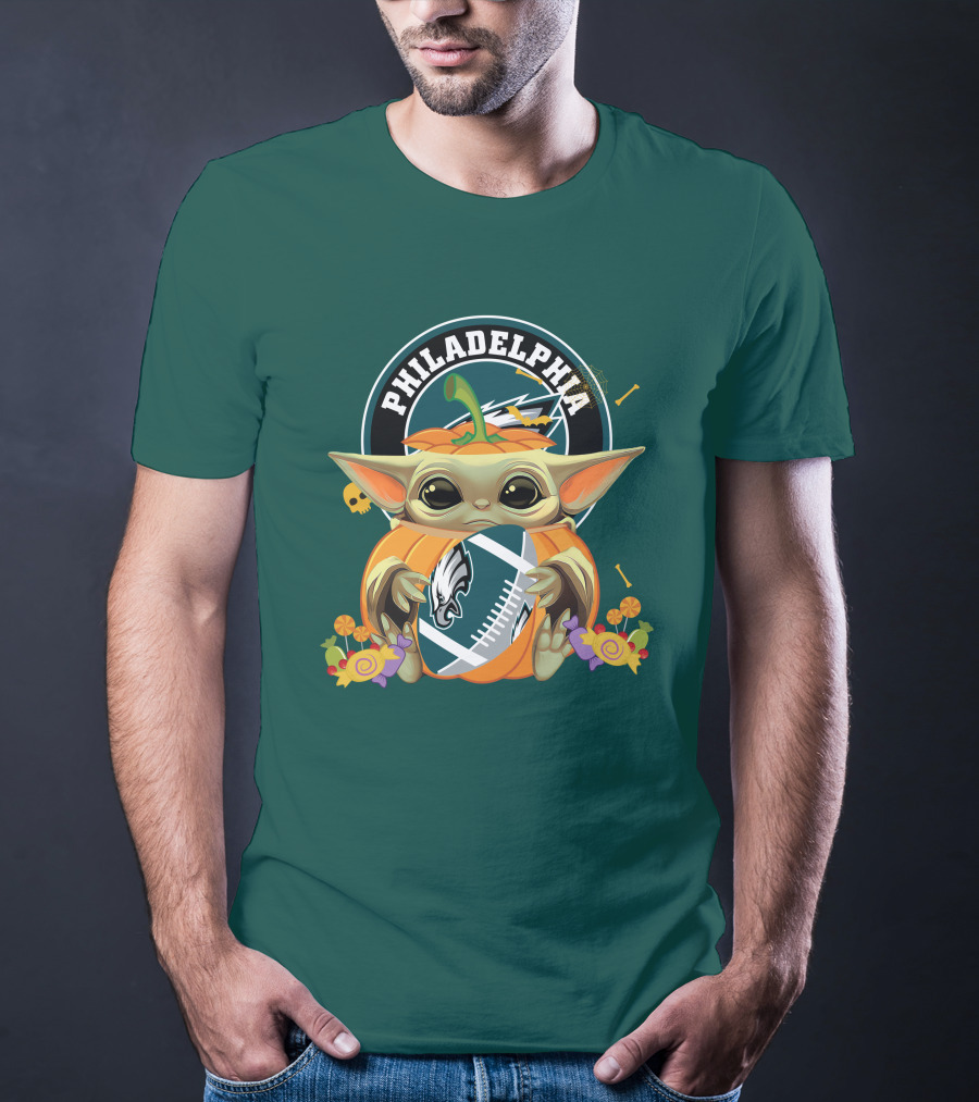 Halloween Pumpkin Baby Yoda Holding Philadelphia Eagles Football T-Shirt