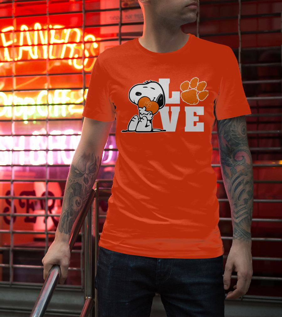 Snoopy Heart Love Clemson Tigers Paw Print T-Shirt