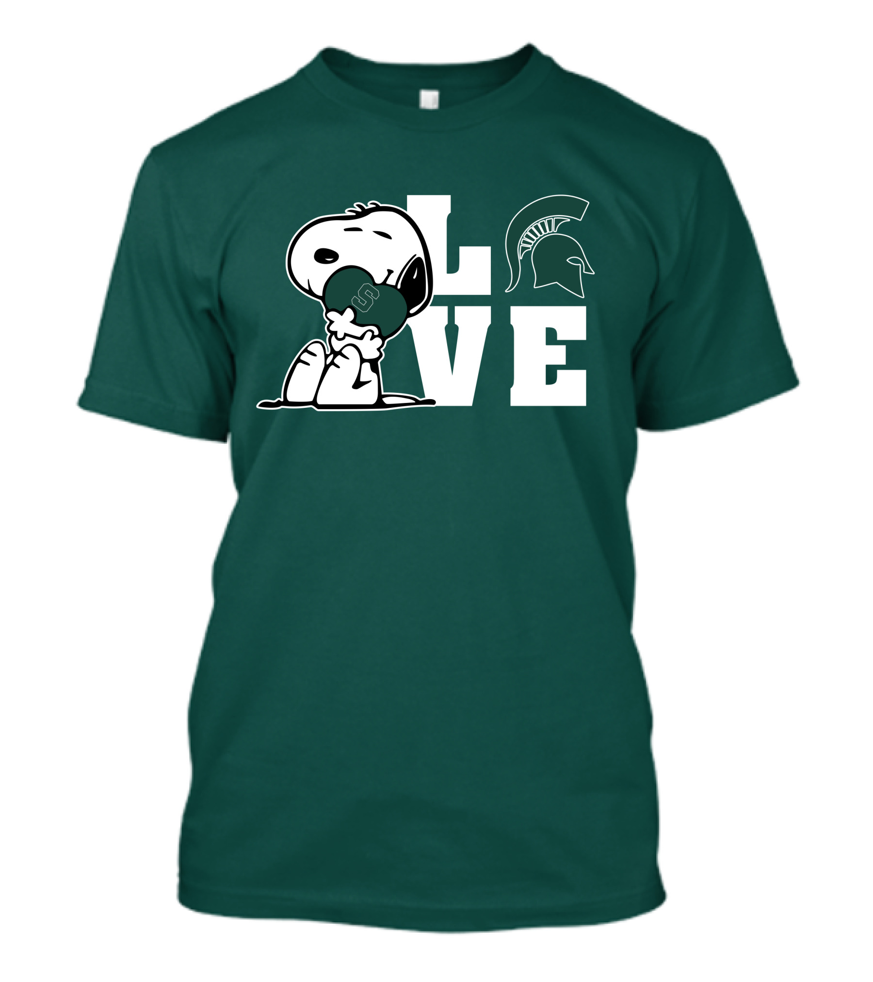 Snoopy Hugging Heart With Michigan State Spartans Helmet LOVE T-Shirt