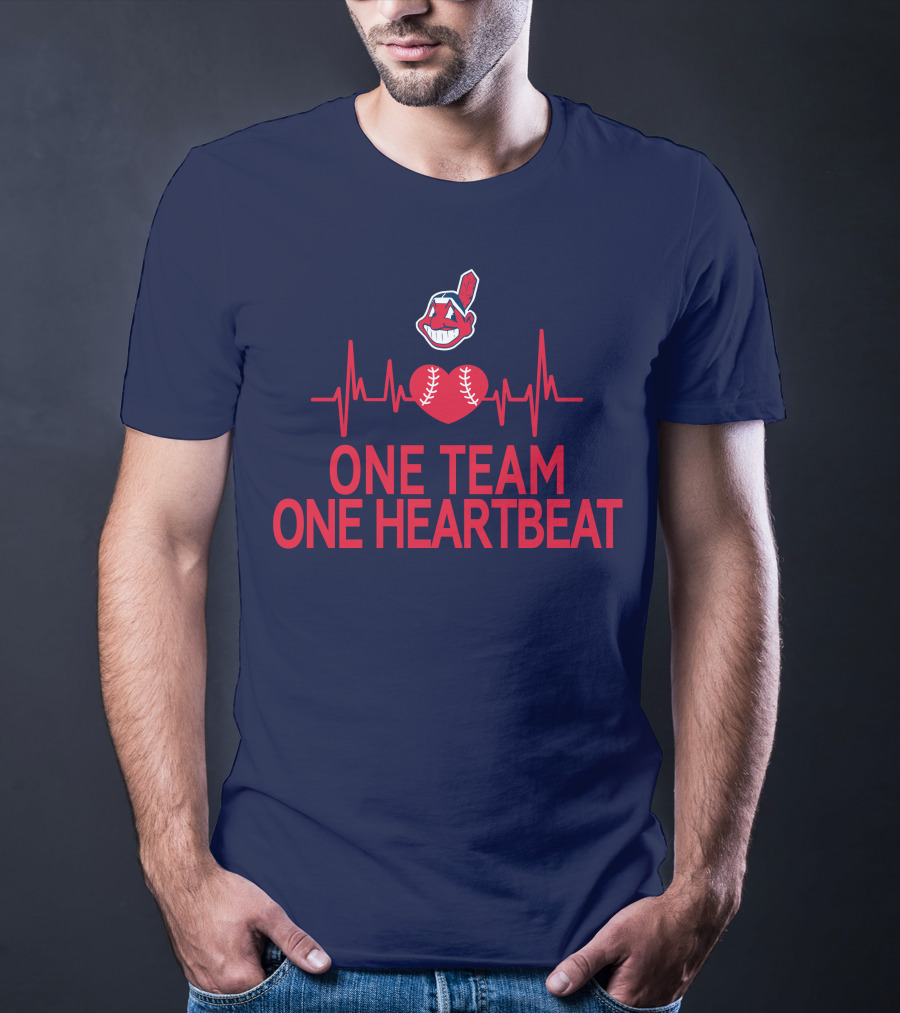 Cleveland Indians One Team One Heartbeat Baseball Heartbeat Line Chief Wahoo T-Shirt