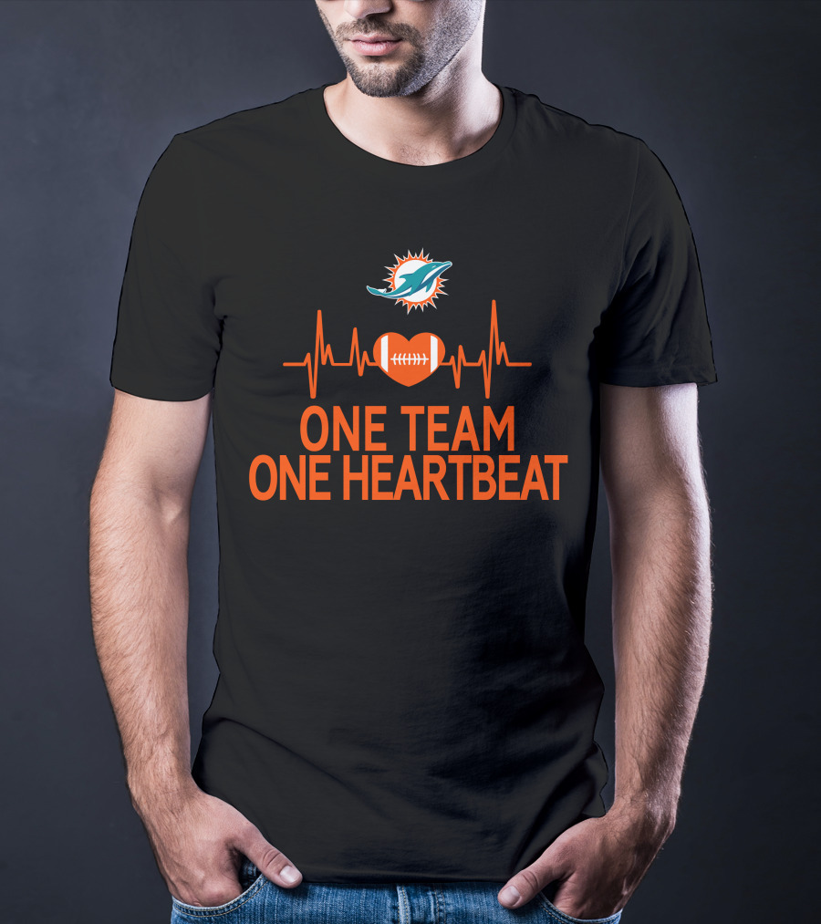Miami Dolphins One Team One Heartbeat Football Heartbeat Line T-Shirt