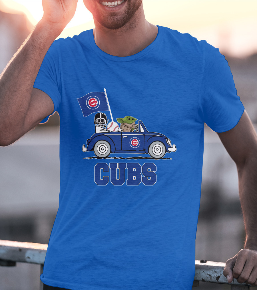 Chicago Cubs Darth Vader Baby Yoda Driving Star Wars Crossover T-Shirt