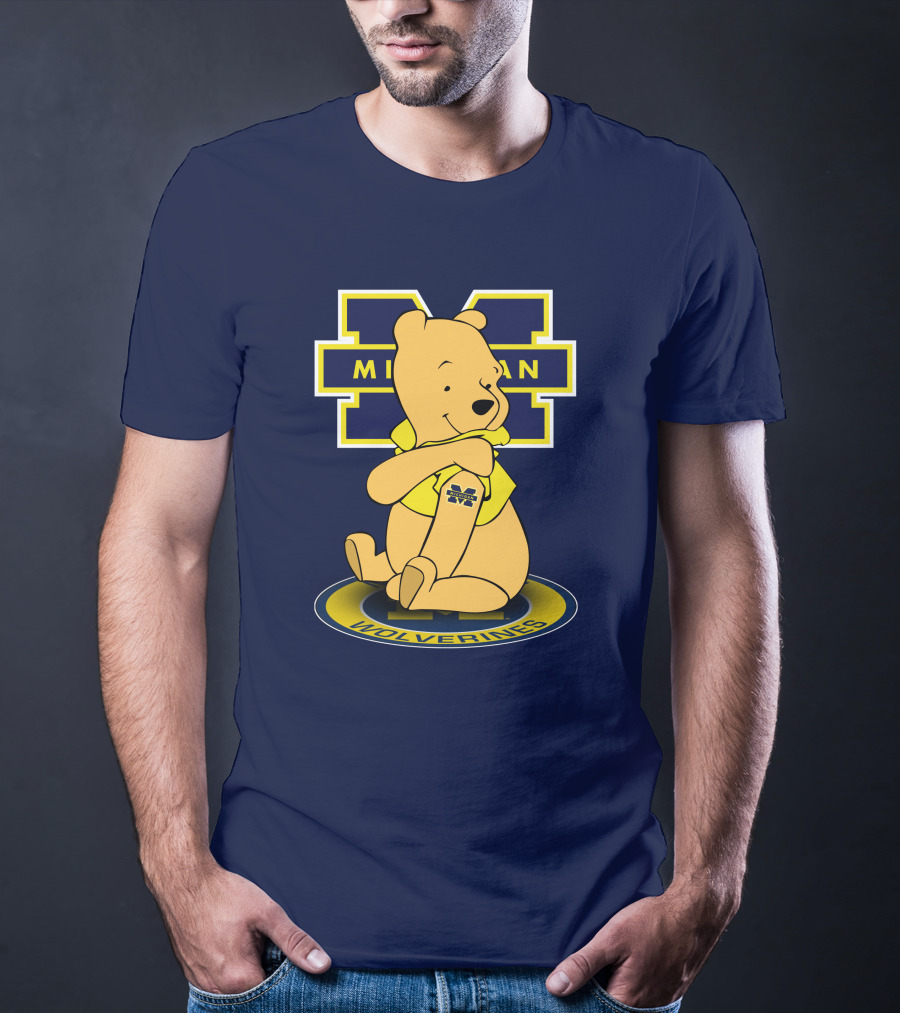 Michigan Wolverines Pooh Bear Sitting On Logo Badge T-Shirt