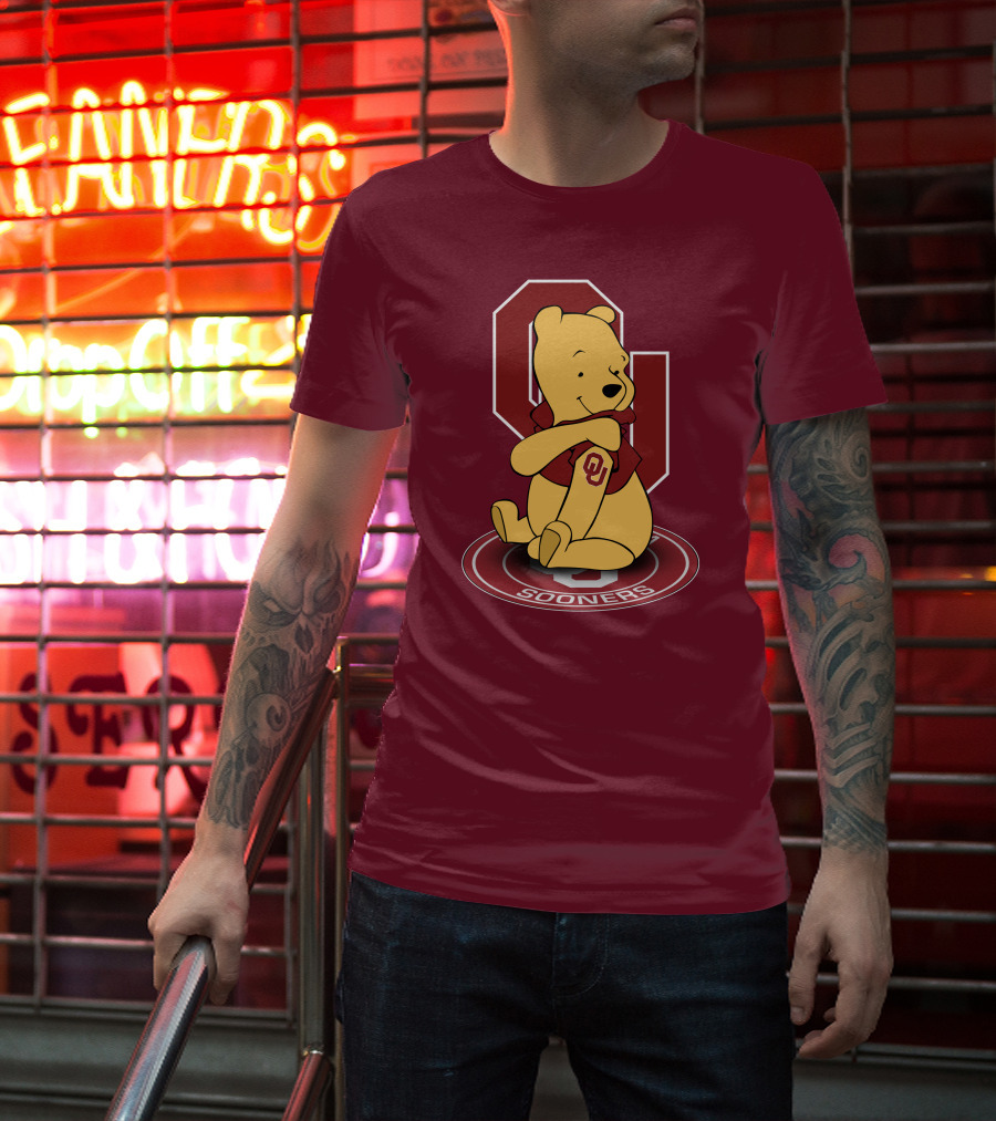 Winnie The Pooh With Oklahoma Sooners Logo And Letterman Jacket T-Shirt
