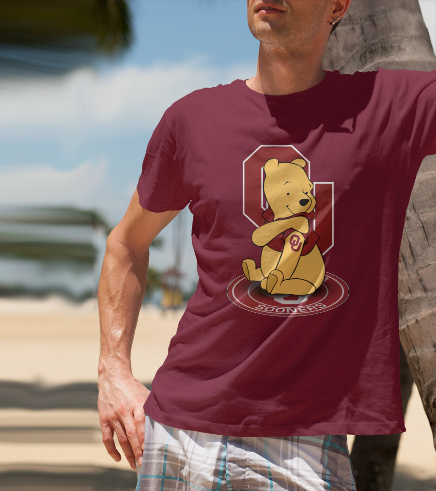 Winnie The Pooh With Oklahoma Sooners Logo And Letterman Jacket T-Shirt