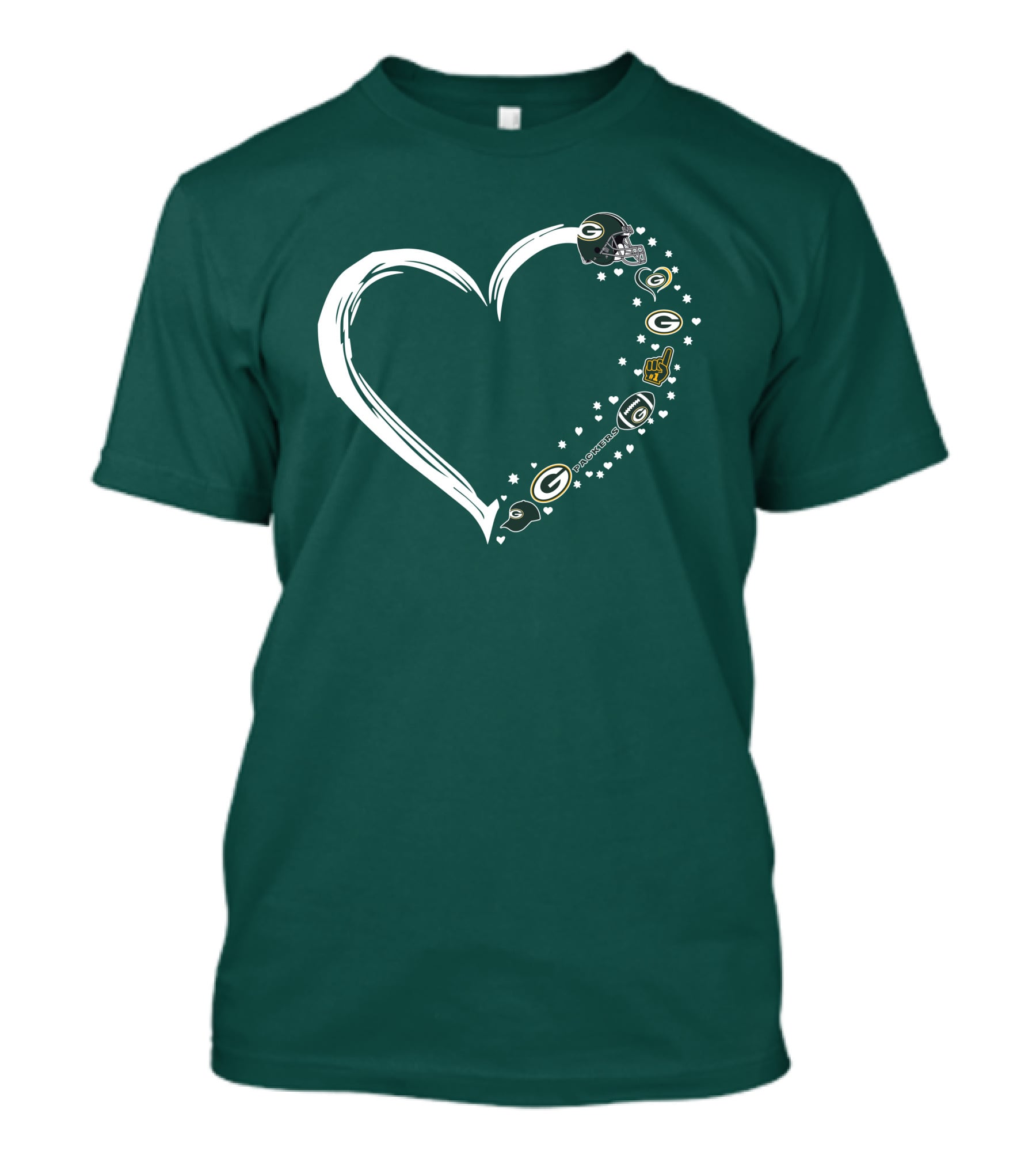 Green Bay Packers Heart With Logos And Helmet T-Shirt