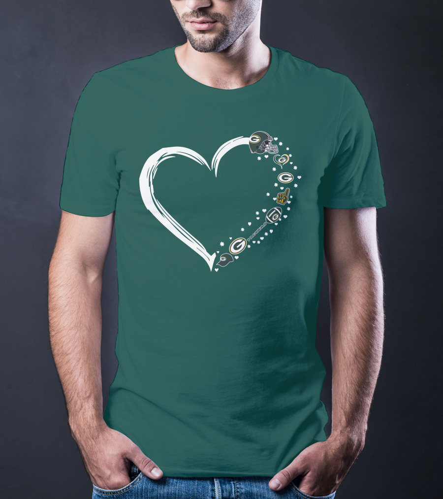 Green Bay Packers Heart With Logos And Helmet T-Shirt